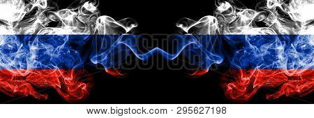 Russian Vs Russia, Russian Smoke Flags Placed Side By Side. Thick Colored Silky Smoke Flags Of Russi