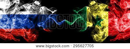 Russian Vs Senegal, Senegalese Smoke Flags Placed Side By Side. Thick Colored Silky Smoke Flags Of R