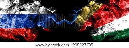 Russian Vs Seychelles, Seychelloise Smoke Flags Placed Side By Side. Thick Colored Silky Smoke Flags