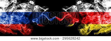 Russian Vs South Ossetia Smoke Flags Placed Side By Side. Thick Colored Silky Smoke Flags Of Russia 
