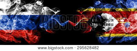 Russian Vs Swaziland, Swazi Smoke Flags Placed Side By Side. Thick Colored Silky Smoke Flags Of Russ
