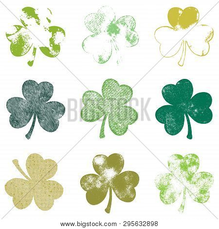 Saint Patricks Day Symbol Trefoil Grunge Artistic Design Template Set. Distress Clover Leaf Isolated