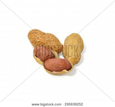 Peanut Isolated On White Background. Dry Peanuts. Peanut Compositions. Emissons In Detail. Peanut Ke
