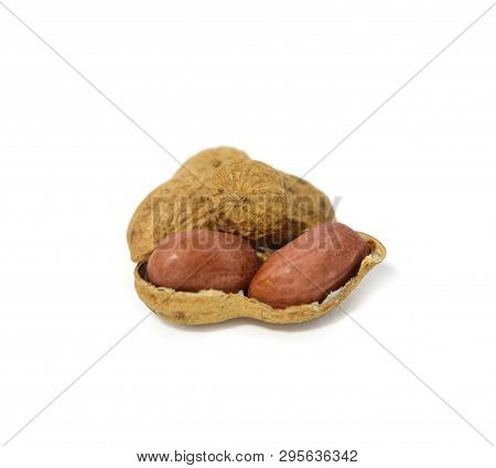 Peanut Isolated On White Background. Dry Peanuts. Peanut Compositions. Emissons In Detail. Peanut Ke