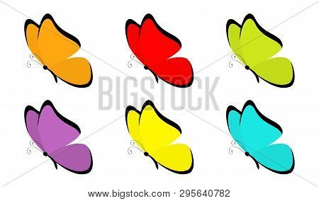 Butterfly Icon Set. Cute Cartoon Kawaii Funny Character. Colorful Blue Red Yellow Green Orange Viole