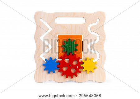 Wooden Eco-friendly Busy Board - Educational Toy For Children, Babies On A White Isolated Background