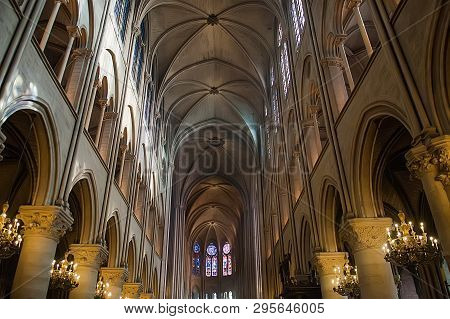 Paris, France - November 4, 2012: Transept Ceiling Of The Gothic Cathedral Notre Dame De Paris. Deta
