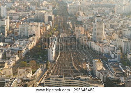 Top View Of Paris Skyline From Above Timelapse. Main Landmarks Of European Megapolis With Train Stat