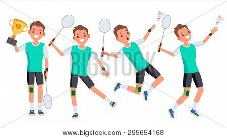 Badminton Young Man Player . Motion Game. Speed Action. Man. Flat Athlete Cartoon Illustration