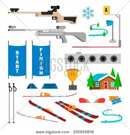 Biathlon Icons Set . Biathlon Accessories. Target, Gun, Target, Start Finish Isolated Illustration