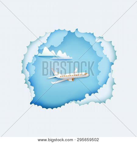 Aerial View Paper Art Cut Out And Flight Airplane. Beautiful Background Vector Illustration. Ssky Wi