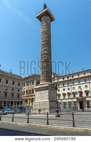 Rome, Italy - June 23, 2017: Amazing View Of Marcus Aurelius Column In Front Of Palazzo Chigi In Cit