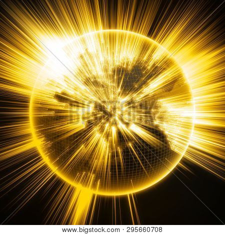 Dark Earth Globe With Glowing Details And Light Rays. 3d Illustration