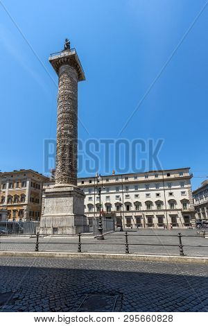 Rome, Italy - June 23, 2017: Amazing View Of Marcus Aurelius Column In Front Of Palazzo Chigi In Cit