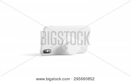 Blank White Phone Pop Socket Sticked On Mobile Mockup, Isolated, Side View, 3d Rendering. Empty Pops