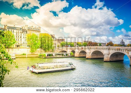 Pont Neuf And River Seine Waters With Cruise Ship, Blue Sky With Clouds, Paris, France, Retro Toned