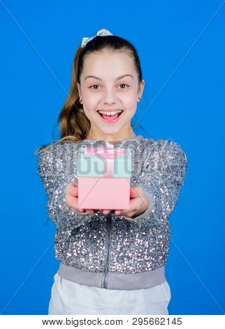 My Precious. Girl With Gift Box Blue Background. Black Friday. Shopping Day. Cute Adorable Child Car
