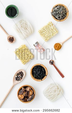 Geometric Design With Chinese And Japanese Products, Noodles, Weeds, Spices, Mushrooms White Backgro