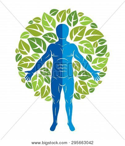 Vector Illustration Of Human, Athlete Surrounded By Eco Green Leaves. Mythic Creature, Perun Slavic 
