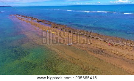 Aerial View Of Arraial Dajuda Beach, Porto Seguro, Bahia, Brazil. Beauty Landscape With Several Palm