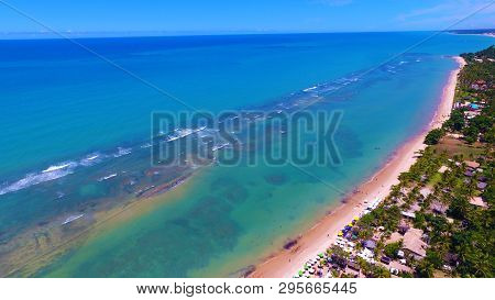Aerial View Of Arraial Dajuda Beach, Porto Seguro, Bahia, Brazil. Beauty Landscape With Several Palm