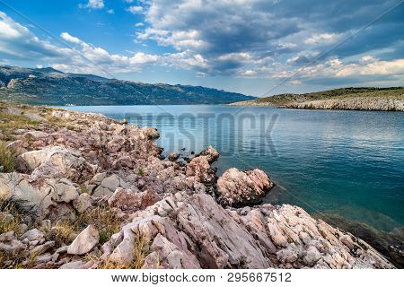 Beautiful Ocean And Dramatic Blue Sky With Clouds On Hot Summer Day., Rain In Background Over Paklen