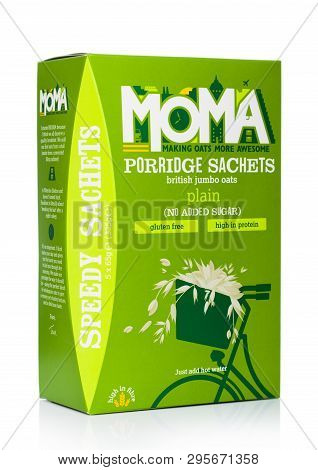 London, Uk - April 15, 2019: Box Of Moma Porridge With No Added Sugar And Gluten Free On White Backg