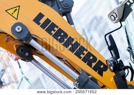 Munich / Germany - April 14, 2019: Liebherr Logo On A Digger Arm At A Liebherr Machine Dealer.
