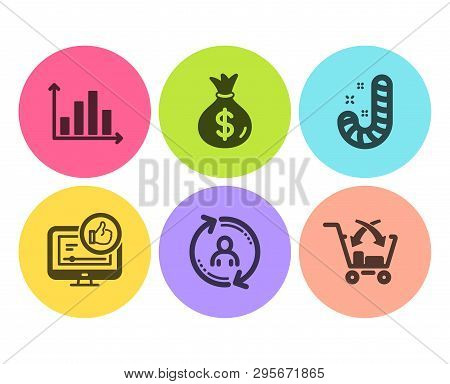 Like Video, Money Bag And Diagram Graph Icons Simple Set. User Info, Candy And Cross Sell Signs. Thu