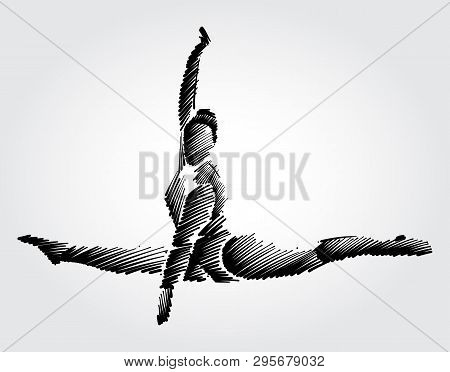 Athlete Female Gymnast Jumping And Making Movement In The Air