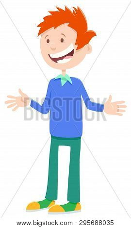 Cartoon Illustration Of Happy Elementary Or Teen Age Boy Comic Character