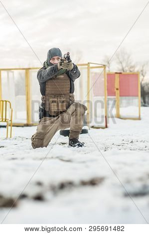 Crouching Position Military Special Forces Soldier Have Combat Shooting Training
