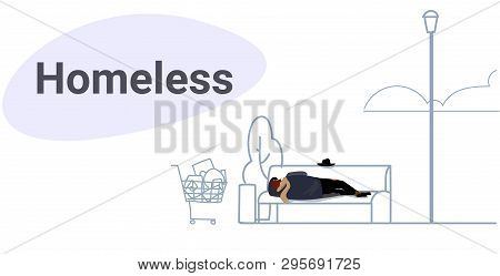 Poor Man Sleeping Outdoor Drunk Beggar Lying On Wooden Bench Homeless Concept Sketch Doodle Horizont