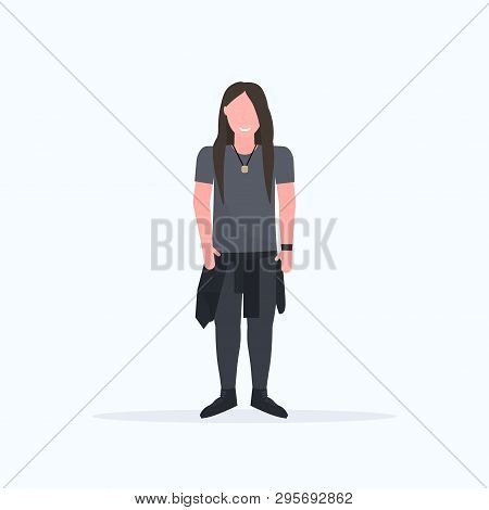 Happy Long Haired Man Standing Pose Smiling Guy Wearing Trendy Clothes Male Cartoon Character Full L