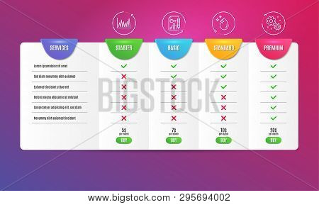 Water Drop, Line Graph And Report Document Icons Simple Set. Comparison Table. Work Sign. Crystal Aq