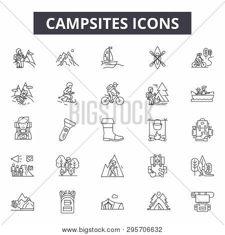 Campsites Line Icons, Signs Set, Vector. Campsites Outline Concept, Illustration: Campsite, Tent, Na