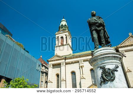 Zagreb, Croatia, Flowers Square, Monument Of Croatian Poet Petar Preradovic And Serbian Orthodox Chu