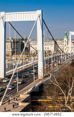 Budapest, Hungary - April, 2018: Elisabeth Bridge And The Parochial Church Of The Assumption Of The