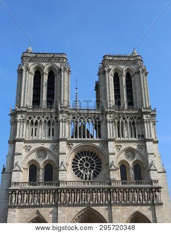 Facade Of Cathedral Of Notre Dame De Paris In France Before The Fire