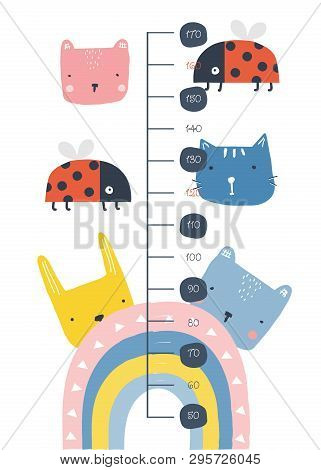 Kid Height Chart With Cute Animals. Scale  1:1. Vector Hand Drawn Illustration.