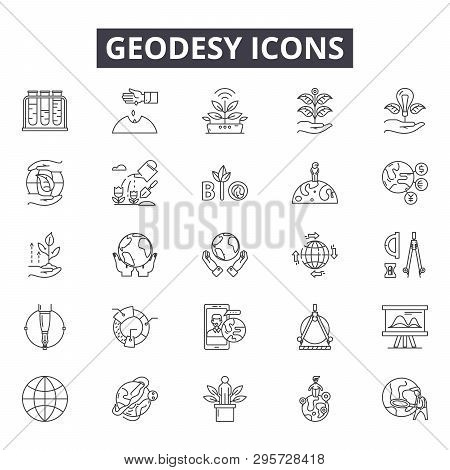 Geodesy Line Icons, Signs Set, Vector. Geodesy Outline Concept, Illustration: Geodesy, Engineering, 