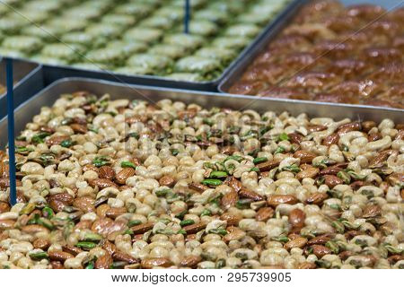 Turkish Desser Baklava With Pistachio, Honey And Walnut. Tasty Turkish Delights.