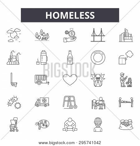 Homeless Line Icons, Signs Set, Vector. Homeless Outline Concept, Illustration: Homeless, People, Po
