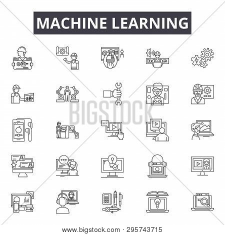 Machine Learning Line Icons, Signs Set, Vector. Machine Learning Outline Concept, Illustration: Lear