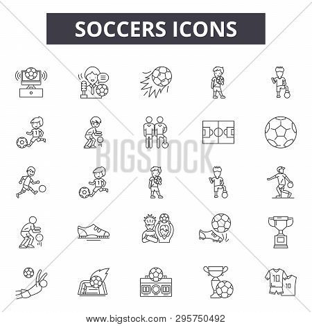 Soccers Line Icons, Signs Set, Vector. Soccers Outline Concept, Illustration: Soccer, Football, Spor