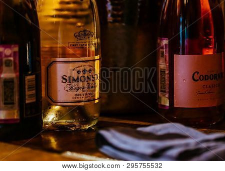 Moscow, Russia-march 30, 2019: Wine Tasting: Bottles With Champagne Tasting Samples Are On The Table