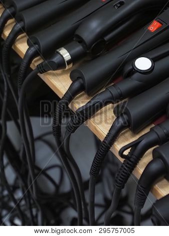 Wires Household Appliances. Hair Stylers. Close Up.