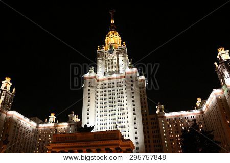 Moscow, Russia - September 2015: The Building And Territory Of Moscow State University At Night