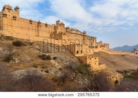 Amber Fort And Palace In Maotha Lake. Jaipur. Rajasthan. India