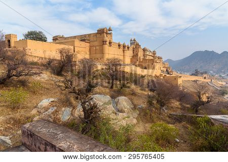 Amber Fort And Palace In Maotha Lake. Jaipur. Rajasthan. India